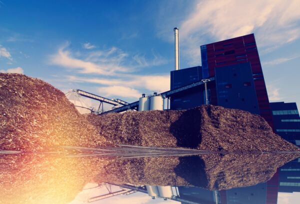 bio power plant with storage of wooden fuel against blue sky