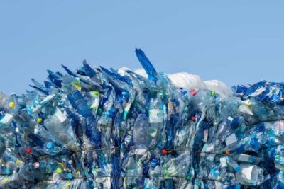 A pile of crushed plastic water bottles